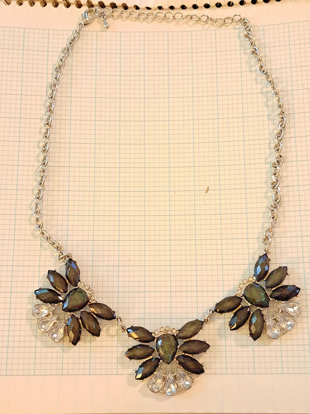 Silver Tone Floral Statement Necklace with Iridescent Black-Green Stones